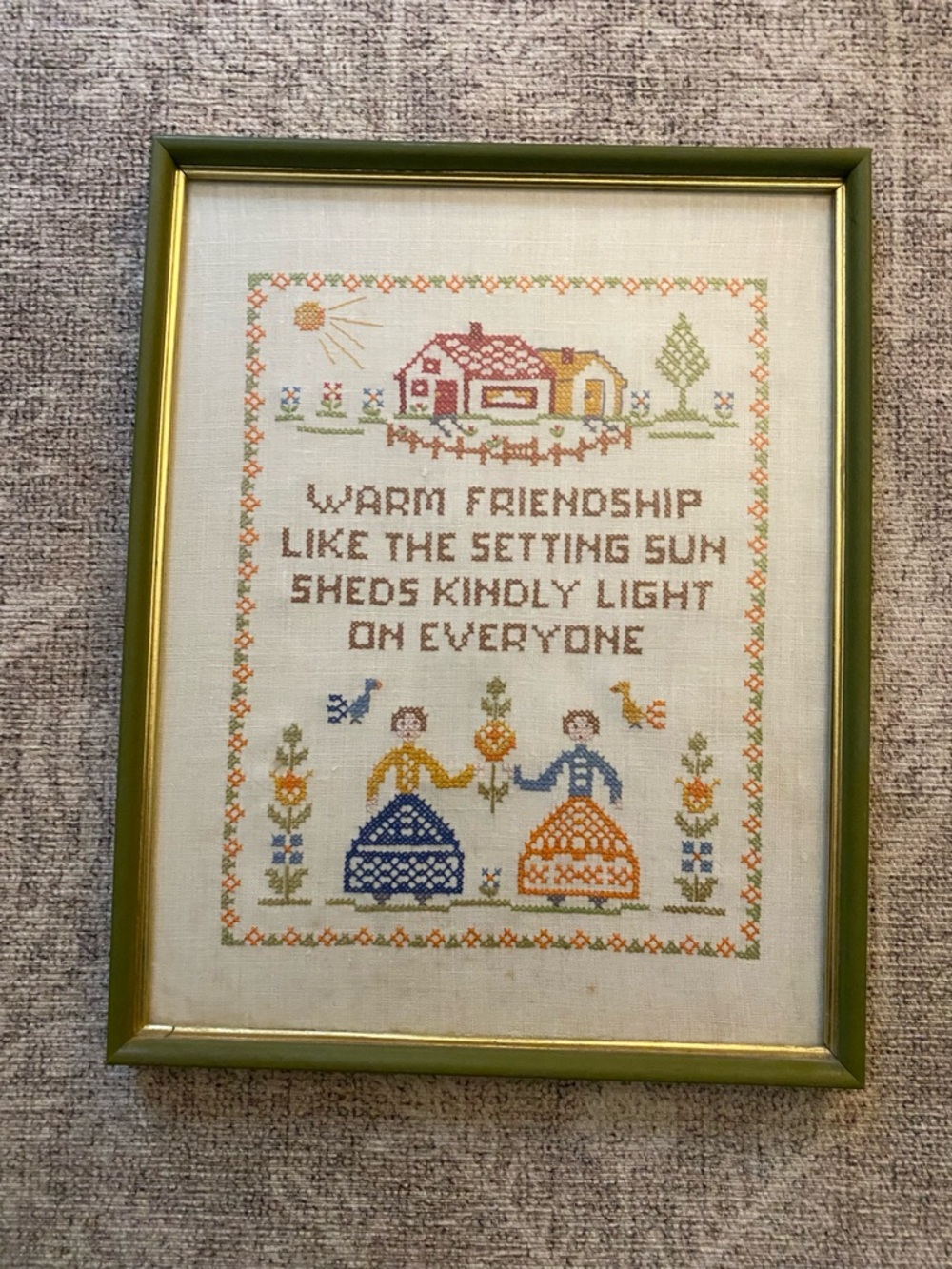 VTG Framed Handmade Embroidery/Cross Stitch Sampler Folk Art Friendship Quote